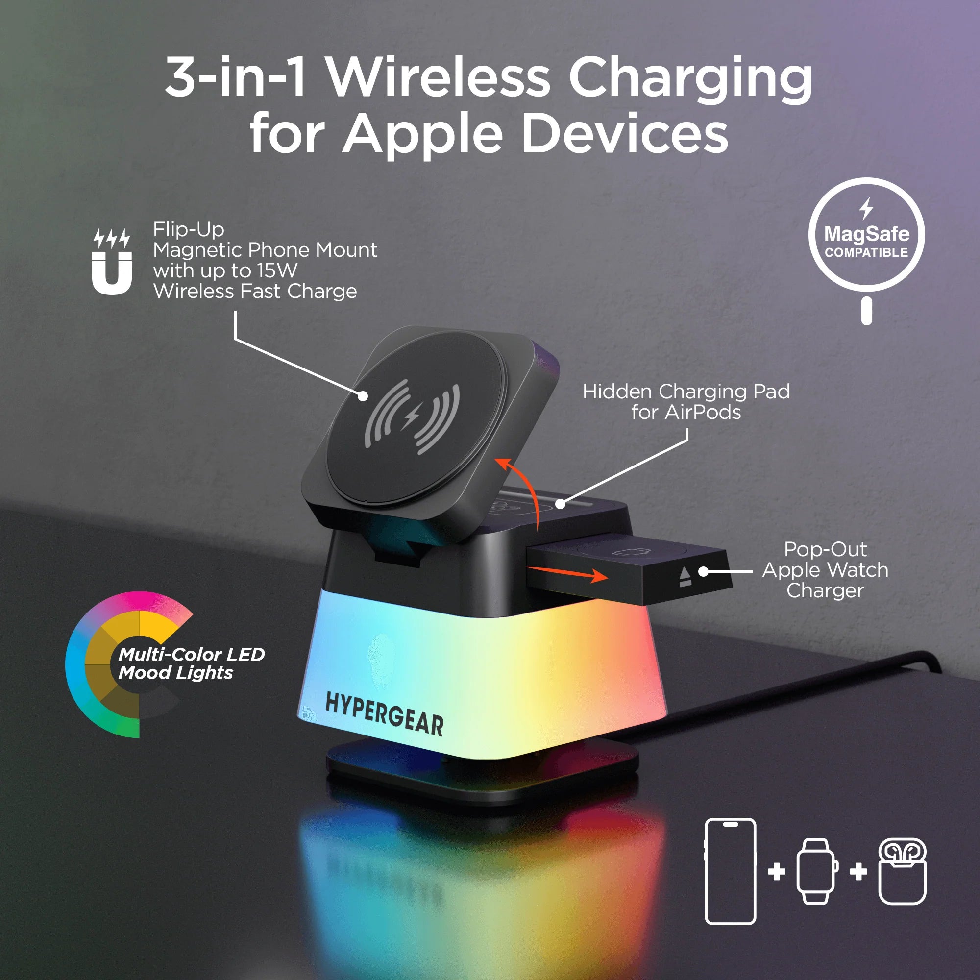 Hypergear Powerfold Cube RGB 3-In-1 Wireless Charging Stand